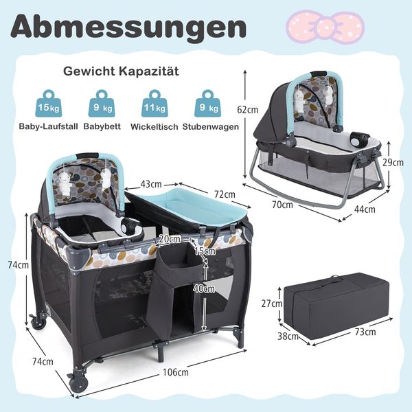 Faltbares Reisebett & Laufstall tragbares Babybett mit Babywiege Wickeltisch Spielbogen Musikbox Blau