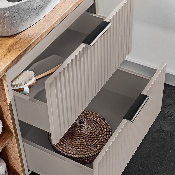 Lomadox Badmöbel-Set ADELAIDE-56-CASHMERE, (Spar-Set, 2-St, Waschtisch LED-Spiegel), 80cm Waschtisch mit Aufsatzbecken, kaschmir und Eiche