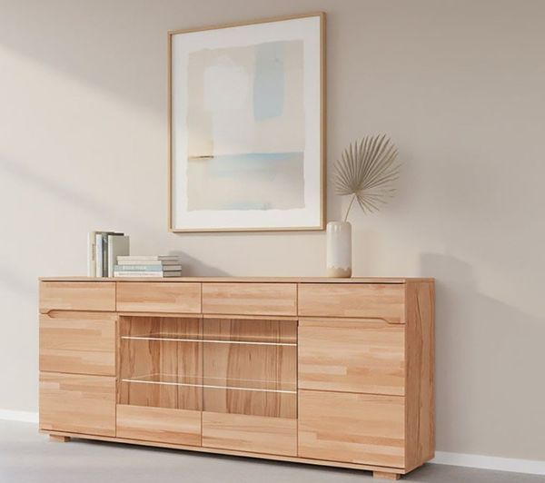 OTTO home Sideboard VETRO Teilmassiv, Fronten Massivholz, Wohnzimmer, Stauraum,Griffmulde, B/T/H:199/40/85cm, 2 Schubladen, 7Fächer