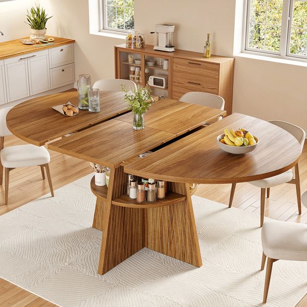 Esstisch Ausziehbarer 110-150×110×76 cm aus MDF und Metall mit Säulenfüßen und unterer Ablage, dunkelbraun