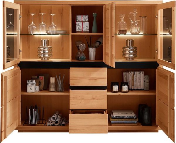 Lomadox Highboard WINCHESTER-69, Standvitrine Schrank 103 cm Buche massiv geölt Hirnholz-Detail