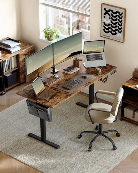 Songmics Schreibtisch, mit Stoff-Organizer & Memory-Funktion für 4 Höhen, elektrisch höhenverstellbar, Holz vintagebraun, 70 x 160 x (72–120) cm,