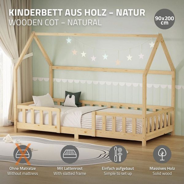 ML-DESIGN Spielbett Hausbett Kinderbett inkl. Lattenrost kreativ Bodenbett für Kinder, Abenteuerbett ohne Matratze 90x200cm Holzbett Natur Kiefer Bettgestell