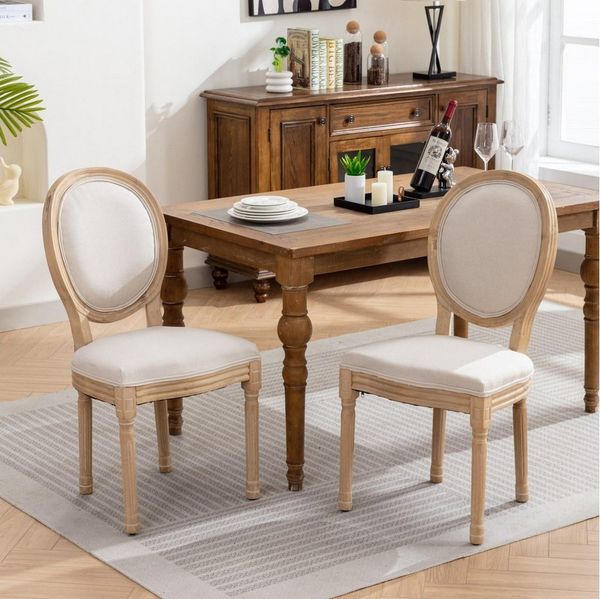 BBG Esszimmerstuhl Esszimmerstuhl 2er Set, Polsterstuhl im Französischen Landhausstil (2 St), Massivholz (Kautschukholz) mit Antik-Finish, Leinen-Bezug