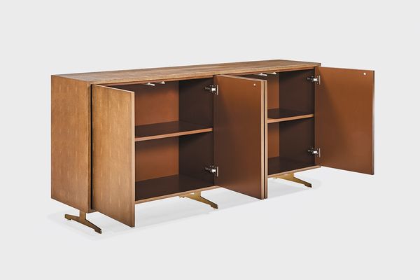 KAWOLA Sideboard GALA 4 Türen Kunstleder goldfarben Fuß Edelstahl gebürstet 85 x 40 x 180 cm