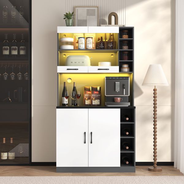 100x47x187cm, Küchenschrank, Buffet mit LED-Ambiente-Beleuchtung und Kabellöchern, Küchen-Highboard aus Holz, großer Platz für Mikrowelle, freistehend, höhenverstellbare seitliche Ablagefächer