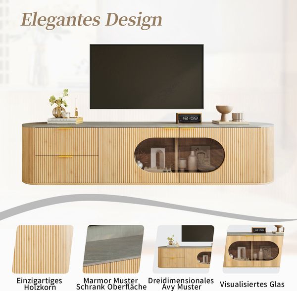 TV-Schrank 172 x 38 x 45,5 cm in Natur-Holzoptik, mit 3D-Türen, Schubladen und ovaler Glasvitrine Bild 9