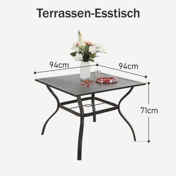 PHI VILLA Gartentisch (Metall-Sthllatten-Terrasse mit 4 cm Schirmloch), 94 cm Esstisch für den Außenbereich