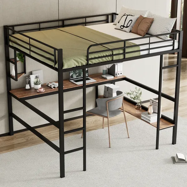 Hochbett mit Rausfallschutz, Schreibtisch, Regal, Leiter und Lattenrost, 140x200 cm, Metallbett, Jugendbett, Kinderbett