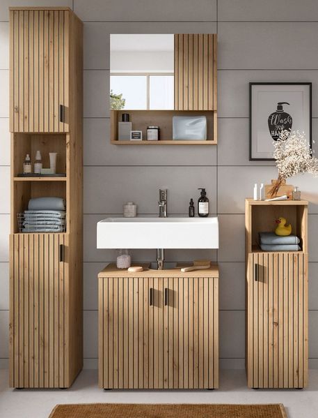 Inn. Furn Badmöbel-Set Livia, (Badezimmer in Eiche Artisan, 4-teilig, 150 x 192 cm), 16 Fächer, gefräste Leisten