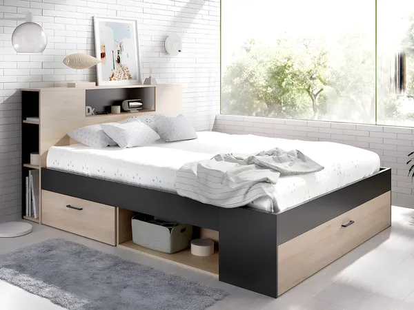 Vente-unique - LEANDRE Bett Holz, Platte GrauBeige - B 149,6 cm x H 95 cm x L 218,5 cm