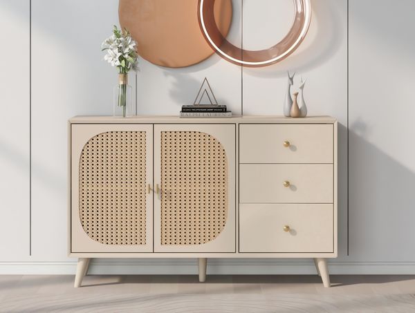 Sideboard, 120x40x82,5 cm, offwhite Sideboard mit Rattantüren, 3 Schubladen & Push-to-Open