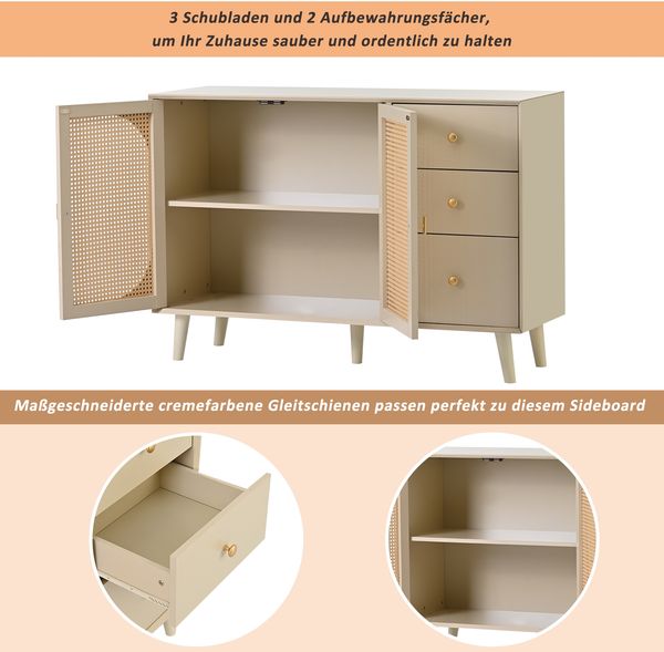 Sideboard, 120x40x82,5 cm, offwhite Sideboard mit Rattantüren, 3 Schubladen & Push-to-Open Bild 9