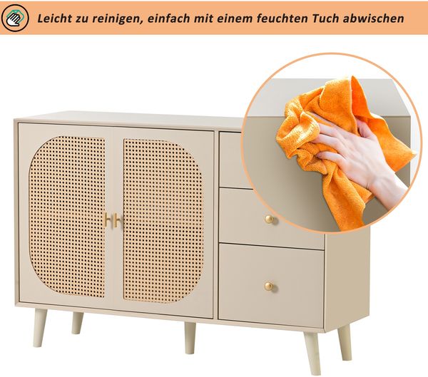 Sideboard, 120x40x82,5 cm, offwhite Sideboard mit Rattantüren, 3 Schubladen & Push-to-Open Bild 8