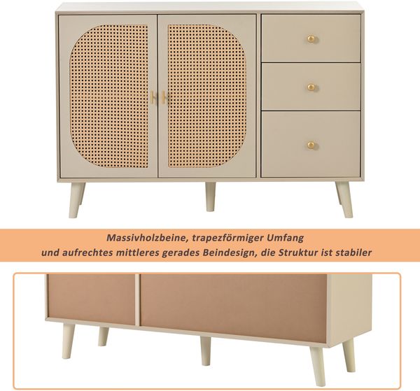 Sideboard, 120x40x82,5 cm, offwhite Sideboard mit Rattantüren, 3 Schubladen & Push-to-Open Bild 6