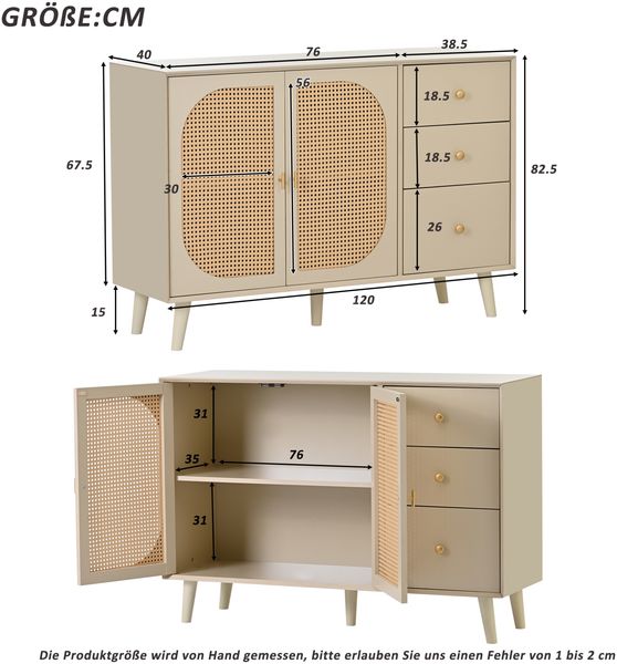Sideboard, 120x40x82,5 cm, offwhite Sideboard mit Rattantüren, 3 Schubladen & Push-to-Open Bild 10