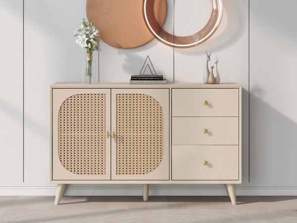 Sideboard, 120x40x82,5 cm, offwhite Sideboard mit Rattantüren, 3 Schubladen & Push-to-Open