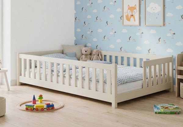 Kids Collective Kinderbett Bodenbett mit Rausfallschutz & Lattenrost Montessori Betten Kinder (Verfügbare Größen: 80x160, 80x180, 90x190, 90x200, 120x200, 140x200 cm), Jugendbett Einzelbett Kiefer Cotton