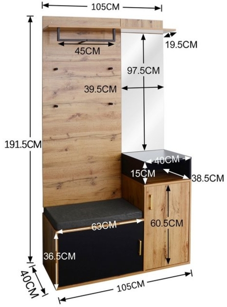 Celya Garderoben-Set Garderoben-Set,mit 4 Kleiderhaken, Spiegel, Schuhschrank, Wandgarderobe, oberes Ablagefach, Flurgarderobe Sitzbank Bild 4