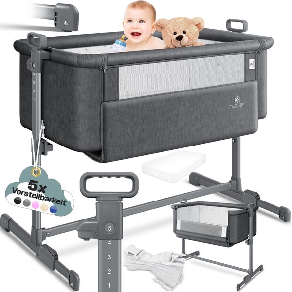 KESSER® Zustellbett Hubi 3in1 Baby Beistellbett Reisebett Babybett mit weich Matratze, mit Rollen Kinderbett, 5-fach Höhenverstellung, Faltbare Seitenwand für zu Hause und unterwegs Dunkelgrau