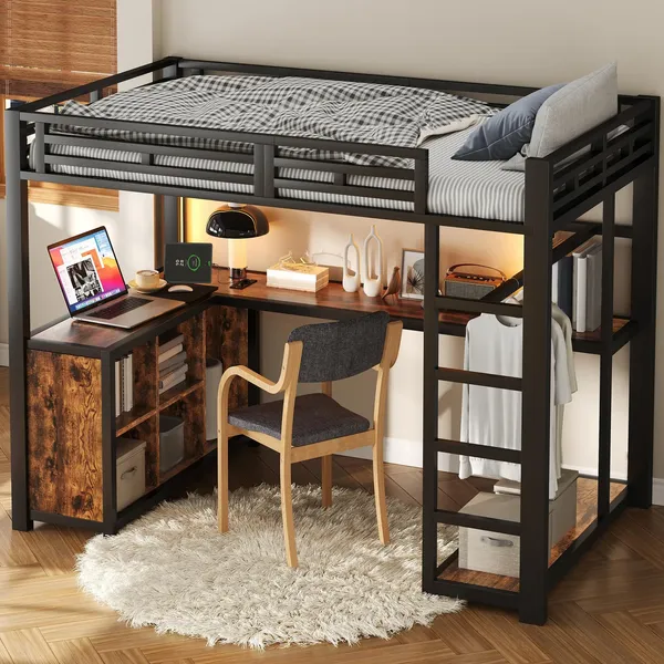 Hochbett mit Schreibtisch, Kleiderstange, Regal, Lattenrost, offenem Schrank, Leiter, Rausfallschutz und LED-Streifen, 140x200 cm, Mettallbett