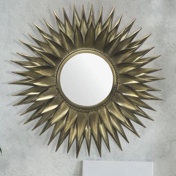 FineBuy Wandspiegel Sonne 74 cm Metall Design Hängespiegel Messing Antik, Eisen Dekospiegel Rund, Spiegel Wand Groß, Flurspiegel Garderobenspiegel Modern Gold