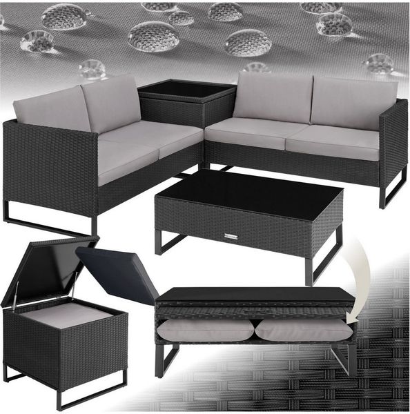 tectake Loungeset Rattan Sitzgruppe inkl. großer Aufbewahrungsbox, für 4 Personen, (Gartenlounge-set Ostuni, 4-tlg, geeignet für Outdoor in Schwarz), widerstandsfähig und UV-beständig, Dicke der Polster 9 cm