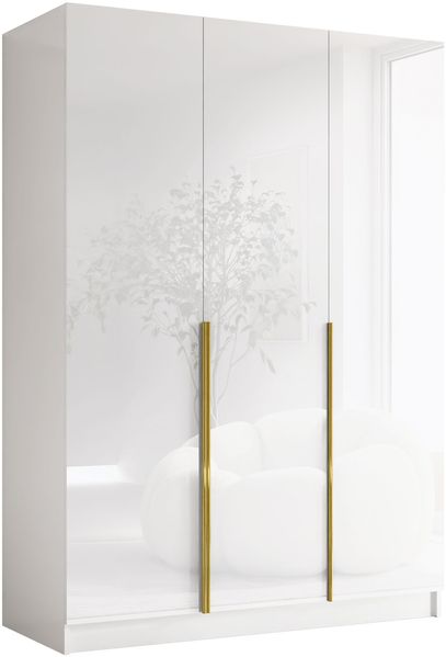 Drehtürenschrank Cikzori I, Kleiderschrank mit 3 Türen (Farbe: Weiß / Weiß Hochglanz + Gold)