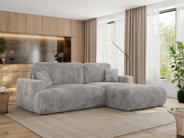 Ecksofa OVO mit schlaffunktion und bettkasten, Wellenfeder, lose Kissen, L-form 271x195 cm - Hellgrau Cord - rechte Seite