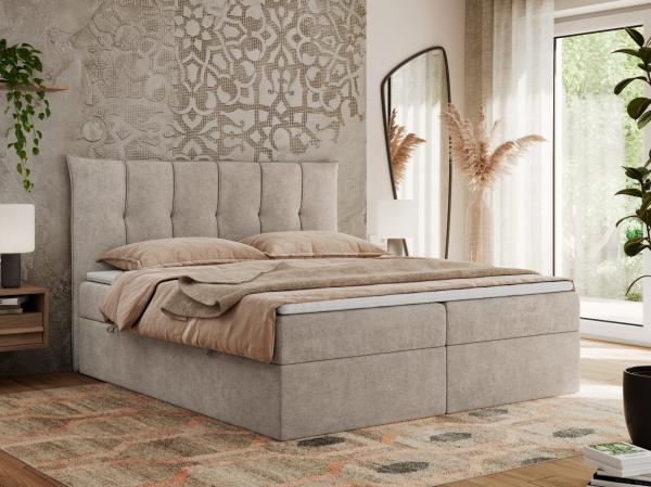 Boxspringbett, Polsterbett mit Bettkasten - PREMIUM-10 - 160x200 cm - Beige Stoff - H4