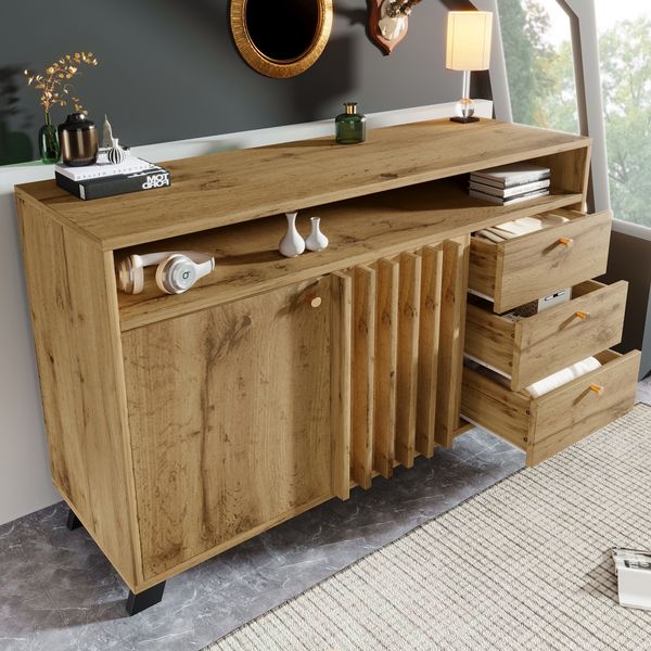 Merax Sideboard Kommode mit 3 Schubladen und 2 Türen Stauraumschrank mit offenem Fach und Lamellenfront im Vintage Stil für Wohnzimmer Esszimmer Flur und Eingangsbereich in dunkler Eiche