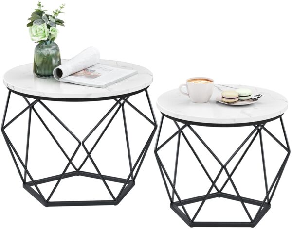 VASAGLE Couchtisch rund, 2er Set, Wohnzimmertisch, Beistelltisch, modern, abnehmbare Tischplatte, für Wohnzimmer, weiß-schwarz