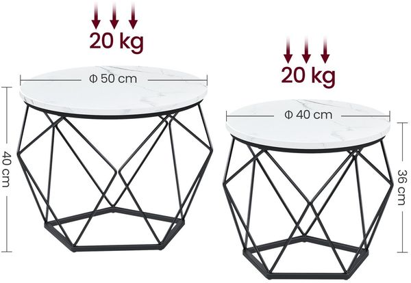 VASAGLE Couchtisch rund, 2er Set, Wohnzimmertisch, Beistelltisch, modern, abnehmbare Tischplatte, für Wohnzimmer, weiß-schwarz Bild 5
