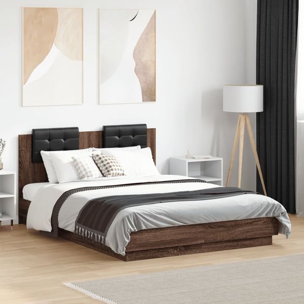 vidaXL Bettgestell mit Kopfteil und LED Braun Eiche-Optik 135x190 cm 3210051