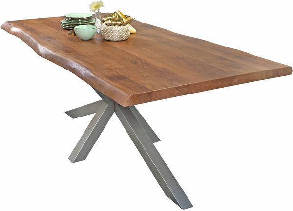 Esstisch Baumkante massiv Akazie Nussbaum 280 x 100 Spider-Gestell silber CALI 122966714