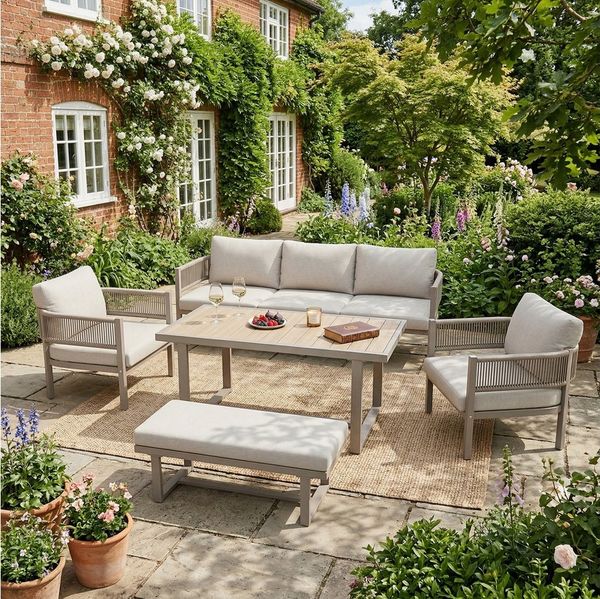 Flieks Gartenlounge-Set, 7-Sitzer Gartenmöbel Sitzgruppe PE-Geflechtseil Kunstholz-Tischplatte