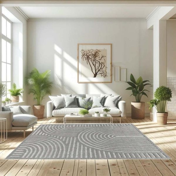 TaraCarpet Teppich Indoor und Outdoor Teppich wetterfest Barcelona Wave Boho Style, rechteckig, Höhe: 10 mm, Wave Boho grau Wohnzimmer Schlafzimmer Esszimmer 80X150