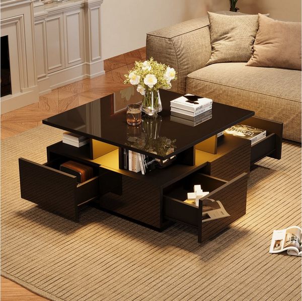STILVORA Couchtisch Hochglanz wohnzimmertisch sofatisch mit 4 schubladen,Beistelltisch (Satztisch, Wohnzimmertisch, Beistelltisch, 1-St, mit 4 schubladen), mit LED licht, geometrische Design