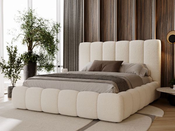 GRAINGOLD Imperial Doppelbett 160x200, mit hohem Kopfteil, Bettkasten, Bouclé-Stoff, Beige