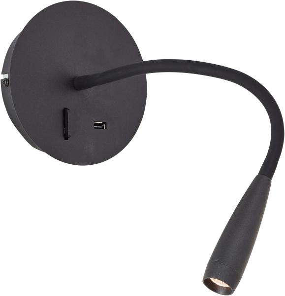 Brilliant Lampe Jutta LED Wandspot mit Flexarm und Schalter sand schwarz USB Metall/Kunststoff schwarz 2,8 W LED integriert