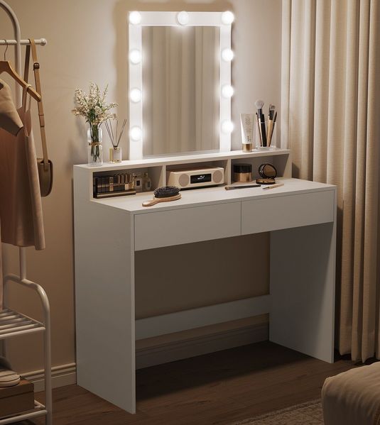 Vasagle Schminktisch mit LED-Beleuchtung, einstellbare Helligkeit, Spiegel, 2 Schubladen und 3 offenen Fächern, modern, weiß, 40 x 100 x 145 cm
