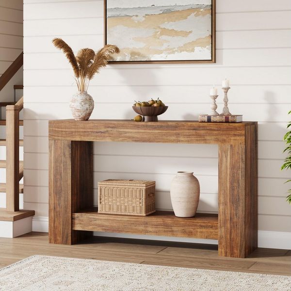 GarveeMore Konsolentisch Landhausstil Beistelltisch Ablagetisch Wohnzimmertisch Baumkantentisch, 120 cm Holztisch mit 2 Ebenen, Ablage, stabil & pflegeleicht