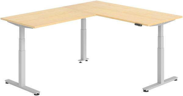 bümö Eckschreibtisch elektrisch höhenverstellbar L-Form: 180 x 220 cm in Ahorn, Gestell silber - Stehschreibtisch mit Memory-Steuerung, elektrischer XXL Schreibtisch für die Ecke, XDSMW-1914-3-S