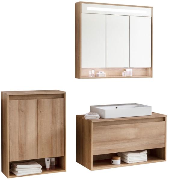 Fackelmann NATURA Badmöbelset 4-teilig, 94 cm, Braun hell + Spiegelschrank + Doppel-Midischrank