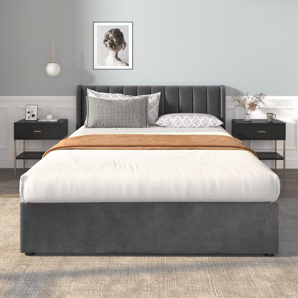 Polsterbett 160×200 cm mit 2 Schubladen und hohem Kopfteil, Grau