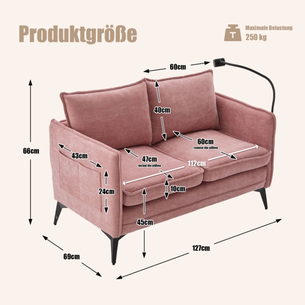 LVHOM 2-Sitzer Sofa mit Handyhalter und USB, Doppelsofa mit Seitentaschen, Polstersofa Zweisitzer mit Chenille Bezug, Rosa Bild 6