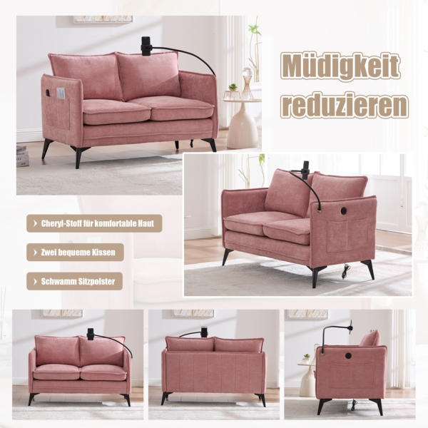 LVHOM 2-Sitzer Sofa mit Handyhalter und USB, Doppelsofa mit Seitentaschen, Polstersofa Zweisitzer mit Chenille Bezug, Rosa Bild 3