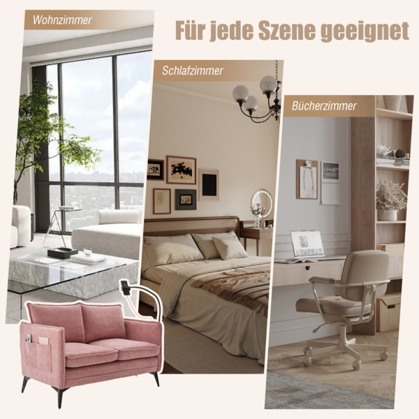 LVHOM 2-Sitzer Sofa mit Handyhalter und USB, Doppelsofa mit Seitentaschen, Polstersofa Zweisitzer mit Chenille Bezug, Rosa Bild 5
