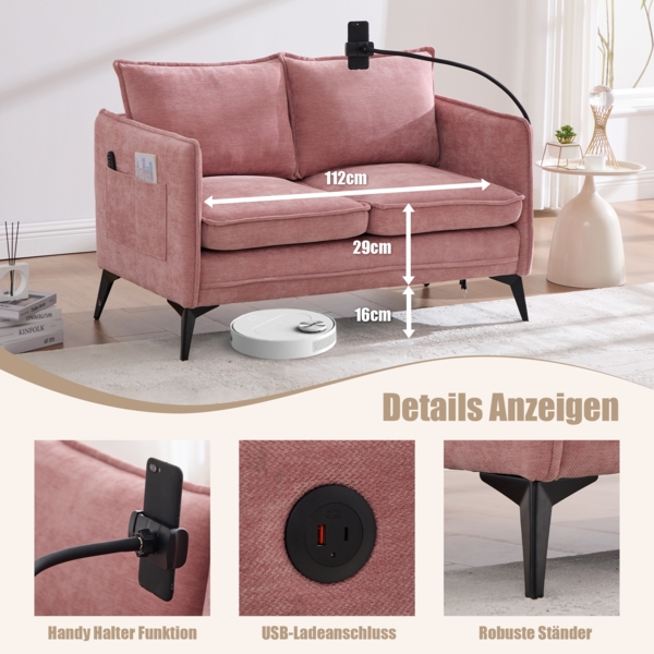 LVHOM 2-Sitzer Sofa mit Handyhalter und USB, Doppelsofa mit Seitentaschen, Polstersofa Zweisitzer mit Chenille Bezug, Rosa Bild 2