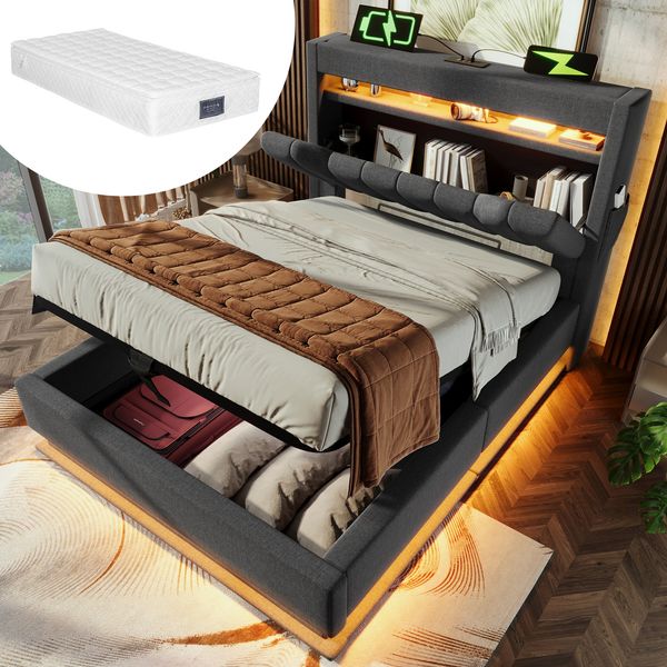 Polsterbett Einzelbett, Stauraum-Kopfteil mit USB- und Typ-C-Anschlüssen, LED-Beleuchtung am Kopf- und Fußende des Bettes, mit Hydraulischem Stauraum, Leinen, Grau, Mit Matratze, 90 x 200 cm
